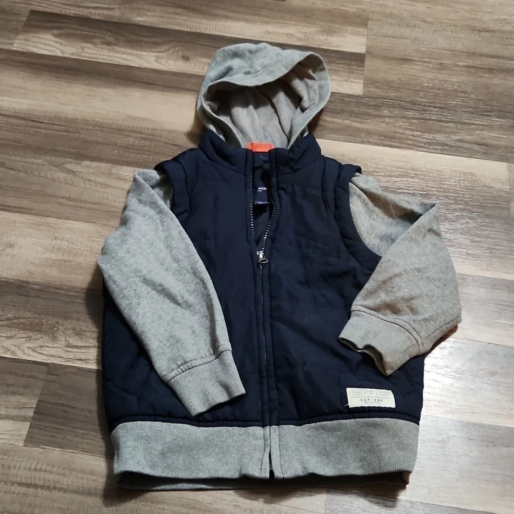 GAP Kids Blue Gray Hoodie Woven Vest Varsity Jacket, size 4-5  XXS